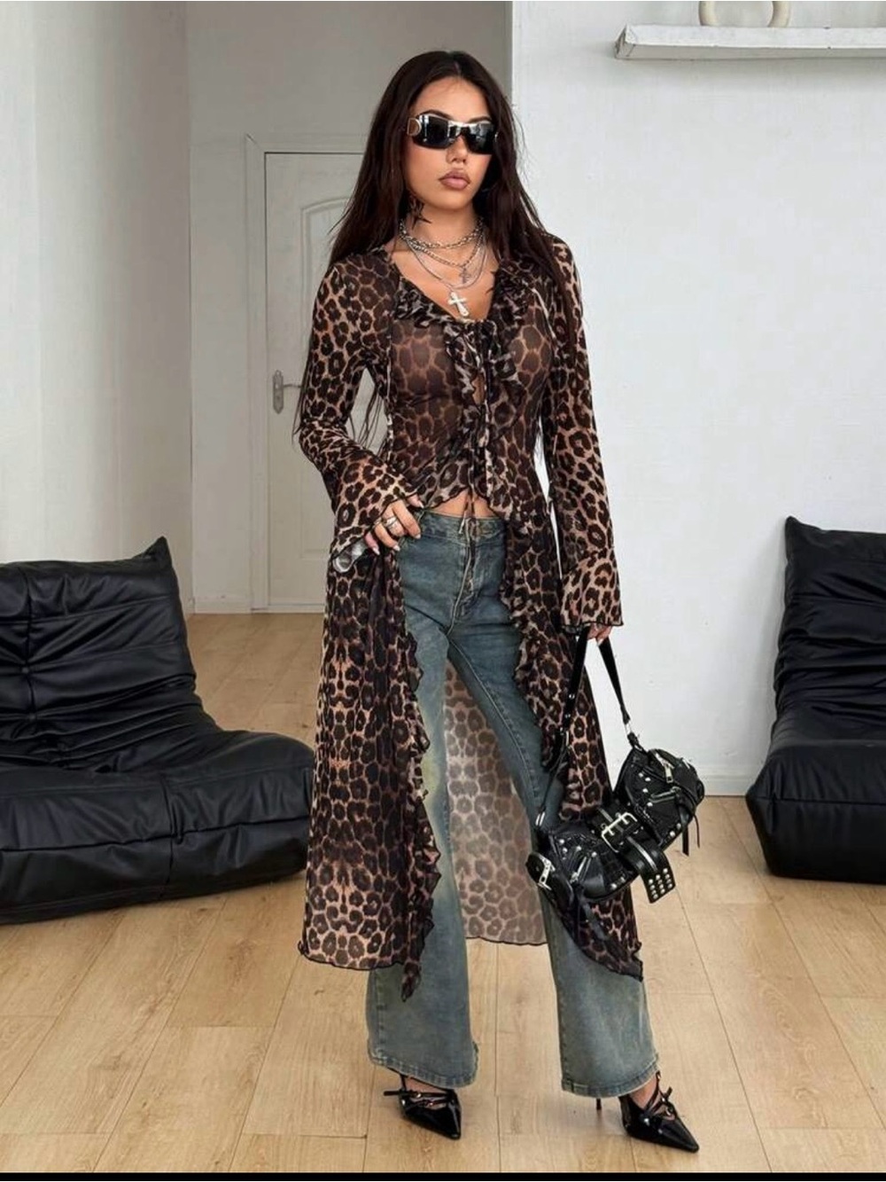 Leopard Print Sheer Long Cardigan - Brown